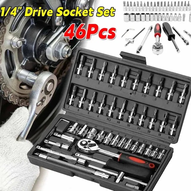 46Pcs 1/4" Drive Metric Flexible Head Ratchet Bit Set Wrench Torx Hex Combination Spanner Mechanic Tools For Car Repair Tool Kit