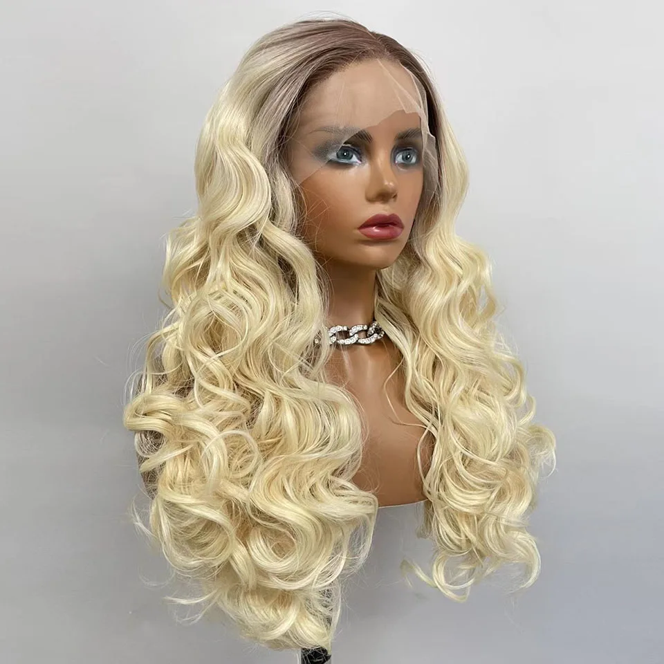 

Ombre Blonde Wig Wavy Synthetic Lace Front Wig Two Tone Long Hair Heat Resistant Fiber Cosplay Wigs