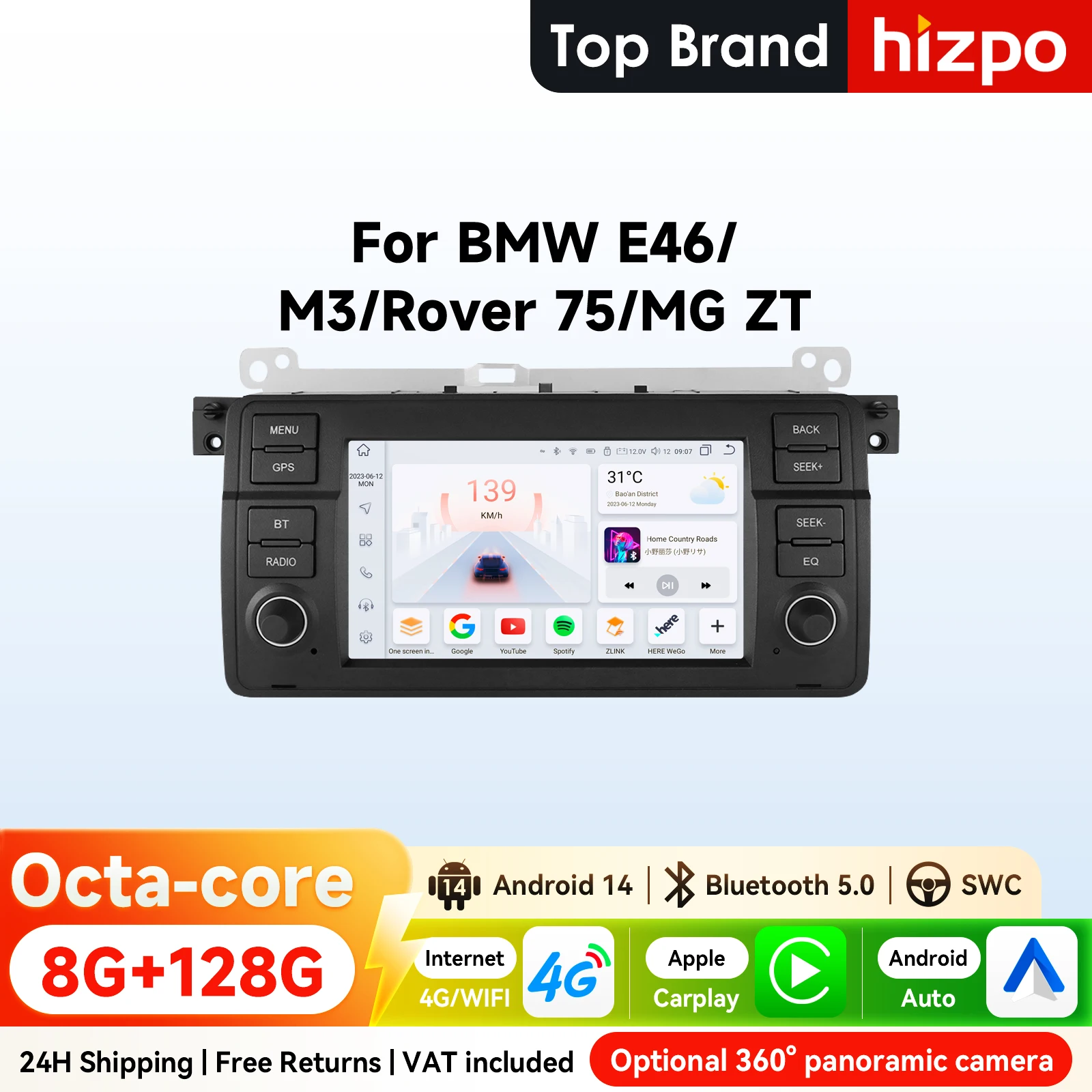 Radio de Coche Android 2Din de 7 Pulgadas Hizpo para BMW E46 Serie 3 M3 318 320 325 330 335 1998-2005, CarPlay Inalámbrico, Android Auto, UIS7862, 4G, WiFi, BT, GPS, RDS, DSP, SWC 1
