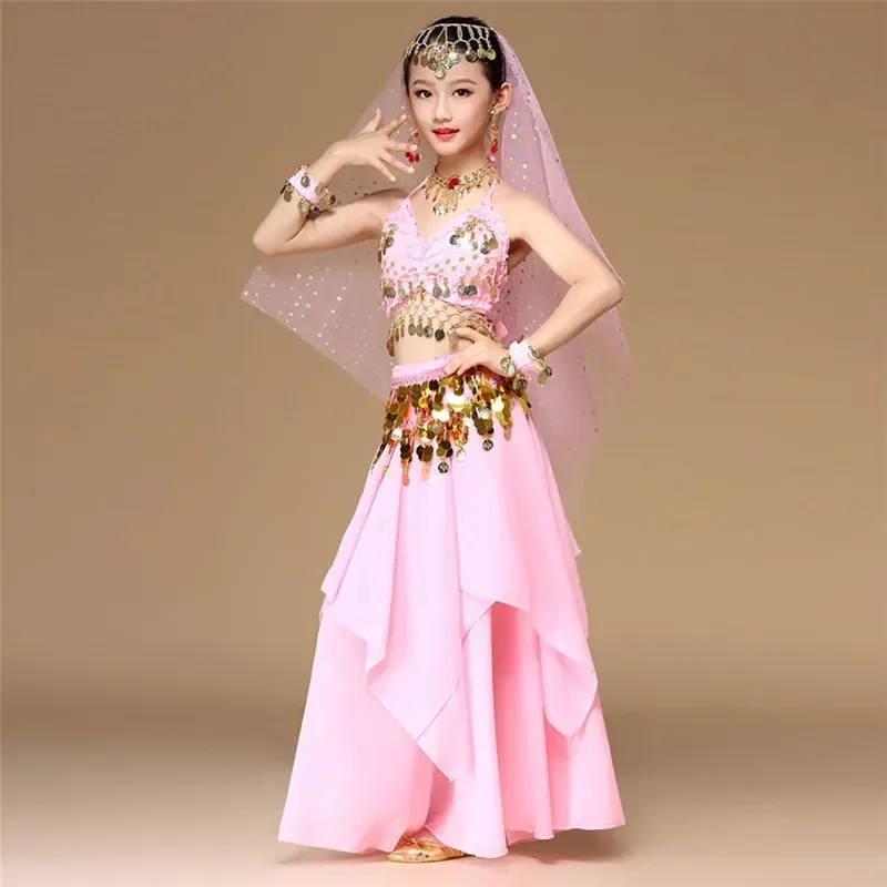 5pcs/set Pink Style Kids Belly Dance Costume Oriental Dance Costumes Belly Clothes Indian Dance Costumes For Kids