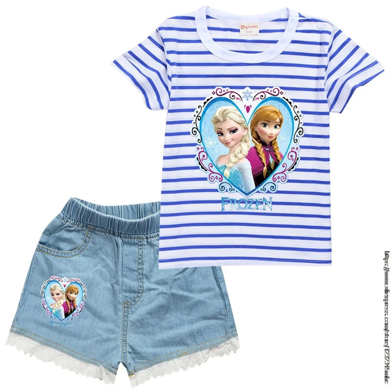 Hot Frozen Elsa Striped Children's summer girls cotton short sleeve T-shirt + denim Shorts set birthday gift 2pcs Set