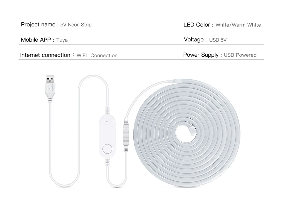 Description Picture 3 of item5V USB Tuya Smart Home WiFi Neon LED Strip 1M 2M 3M 5M White/Warm White Dimmable LED Strip Light Work With Alexa Google Home
