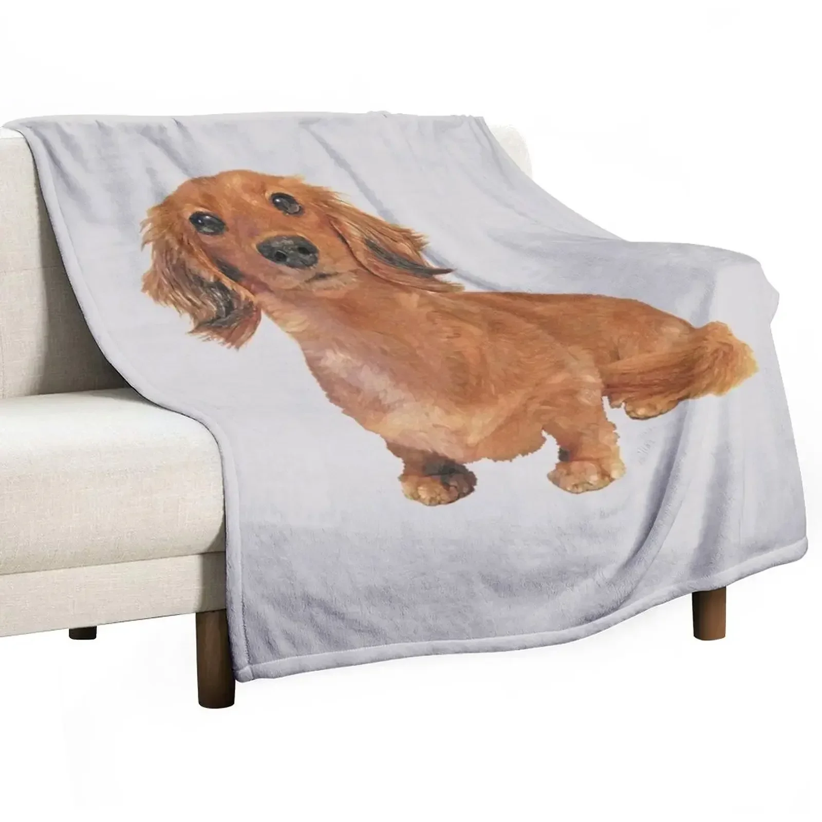 

Cute Long Haired Dachshund Painting Throw Blanket heavy to sleep Furrys Personalized Gift Blankets