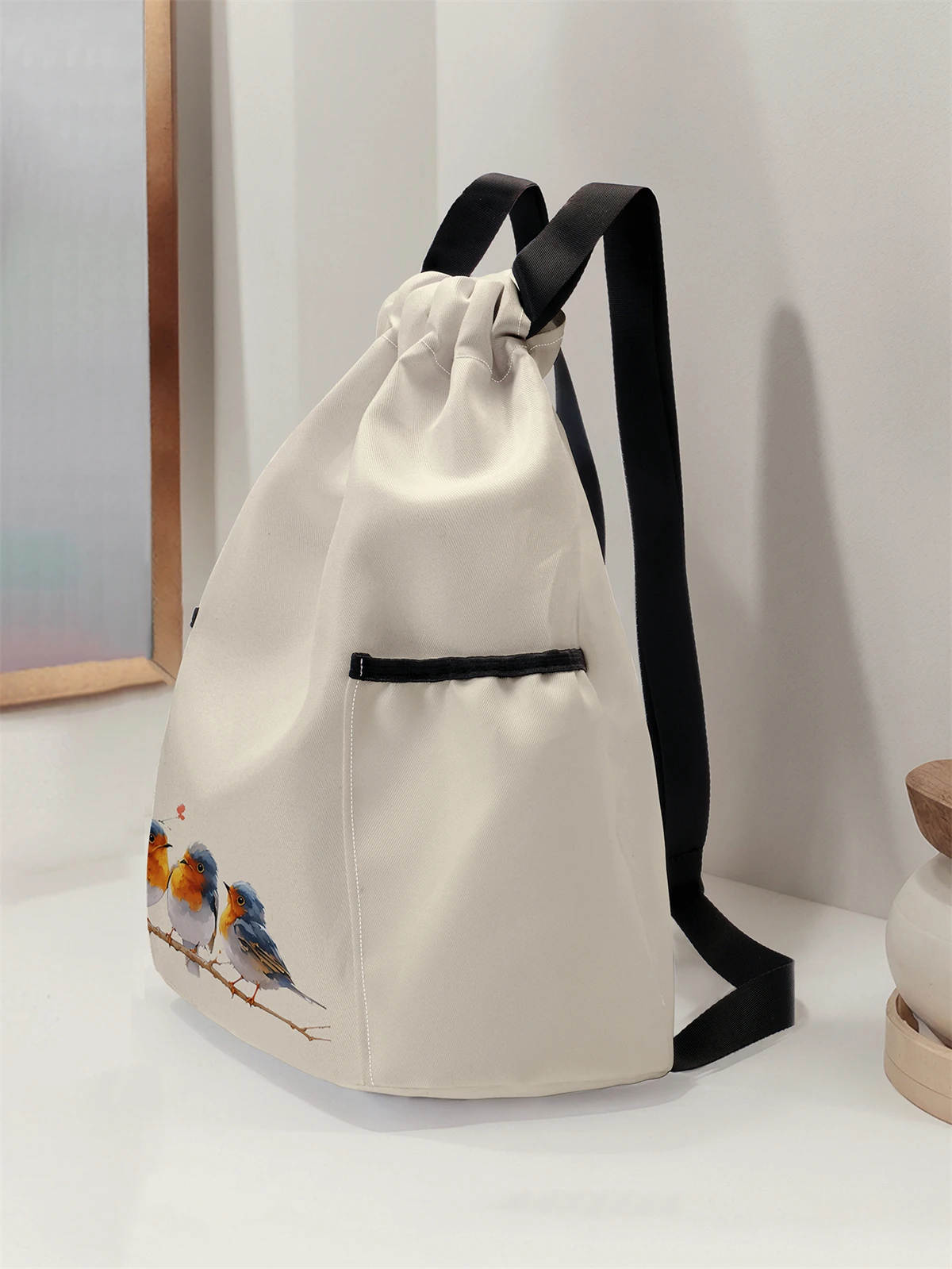 Bird Pattern Drawstring Backpack - Large Capacity Durable Fitness Bag, Adjustable Shoulder Straps, Sports Beach Backpack