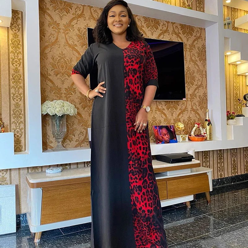 

Dashiki African Dress Women 3/4 Sleeve V Neck Loose Robes Summer New Leopard Print Streetwear Casual Long African Dress Vestidos