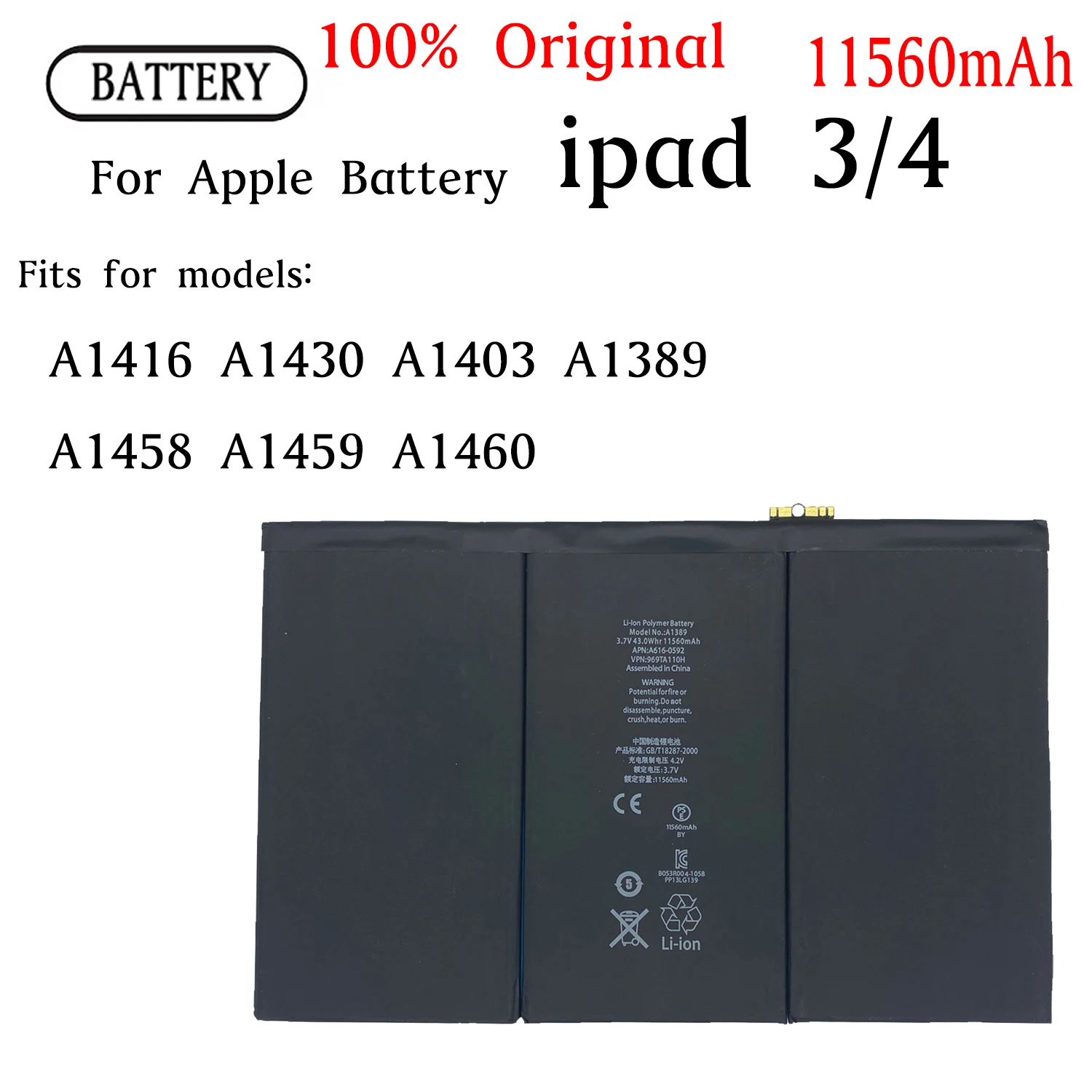 Tool New OEM Replacement Battery for iPad 3 4 3rd 4th Gen A1389 A1430 11560mAh 