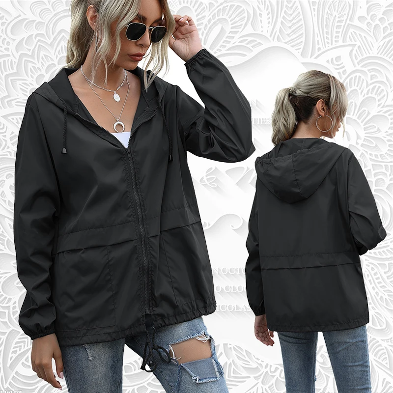 

Spring Autumn Women's Thin Fashion Zipper Hoodie Outdoor Hiking Raincoat Jacket High Quality Coat