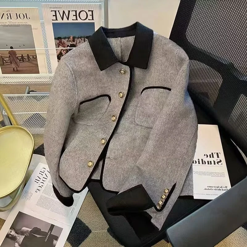 2024 Women Turn-down Collar Single Breasted Fashion Coat Korean Temperament Advanced Sense Pocket Design Long Sleeve Short Coats