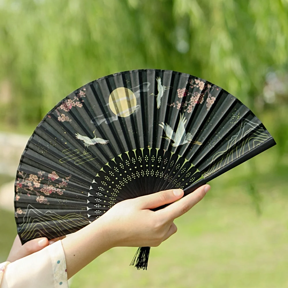 JOHOUSE Faltfächer Aus Seide – 2 Stück, Schwarz | Chinesischer & Japanischer Bambusfächer Für Tai Chi, Tanzen, Rave, Geschenk