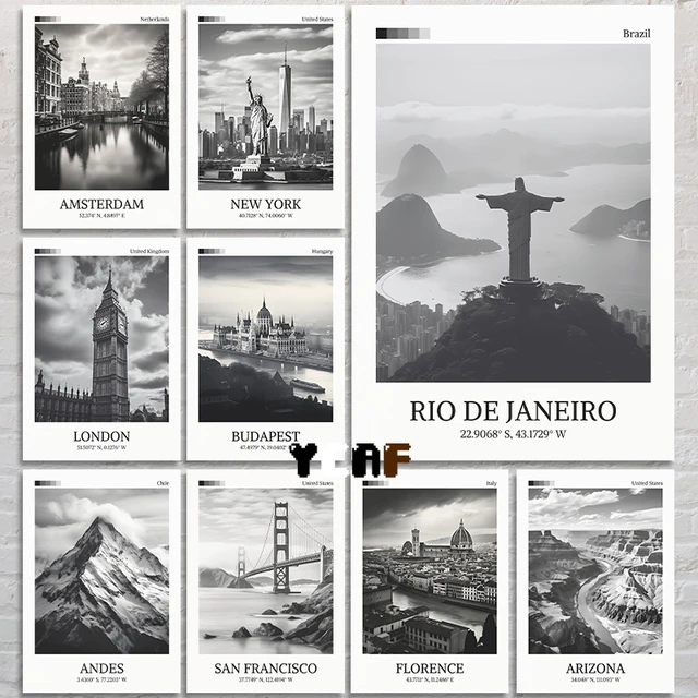 International Cities Famous Tourist Attractions Poster Black and White Traveling Wall Art Decor Travel Aesthetic Canvas Prints