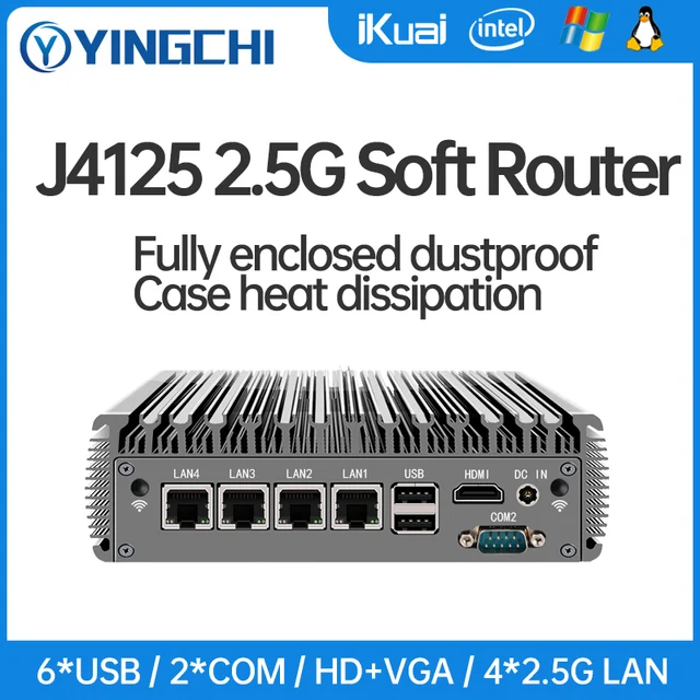YINGCHI 인텔 셀러론 팬리스 소프트 라우터, 미니 PC, 4×2.5G LAN, HD 및 VGA 포트 방화벽 기기, J4125, N5095 펜티엄 J6426
