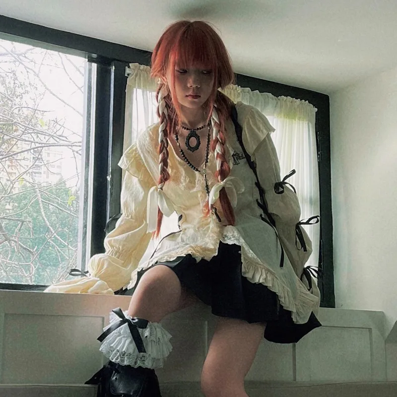 Vintage Grunge Gothic Lace Blouse with Irregular Fairy Style