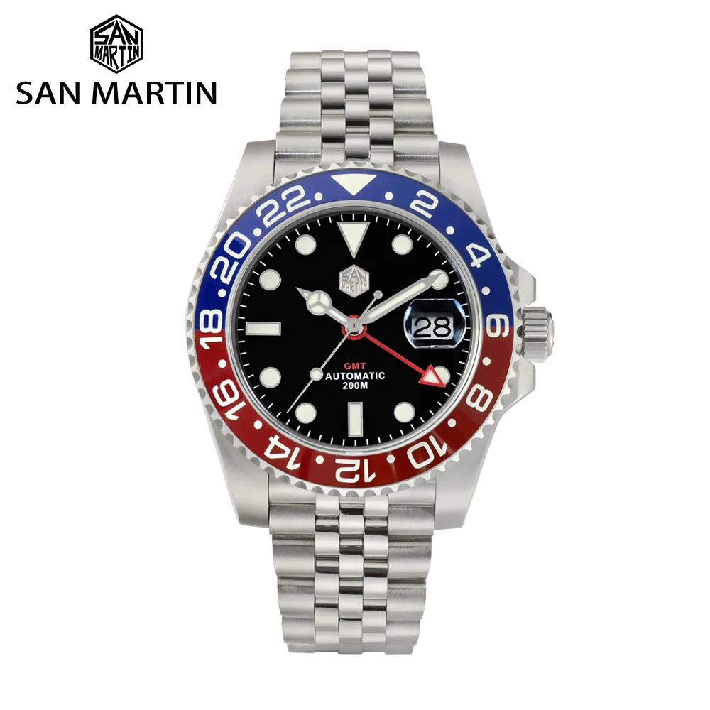 San Martin Men Automatic Mechanical Watch GMT Jubilee Bracelet Bidirectional Ceramic Bezel Sapphire Cyclops Waterproof SN0015-C circe and the cyclops