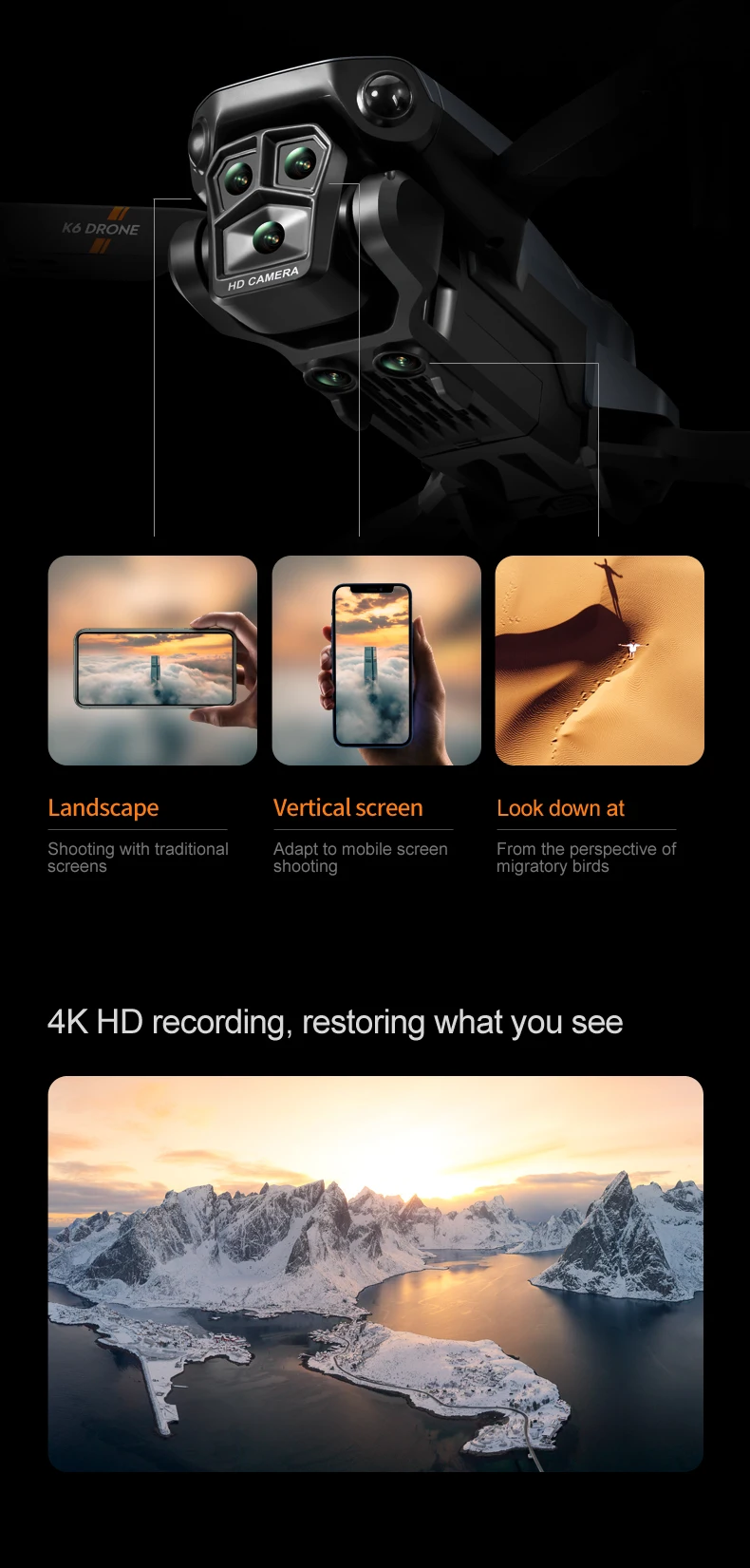 K6 Max Drone, k6 drone hd landscape vertical screen look down at shooting