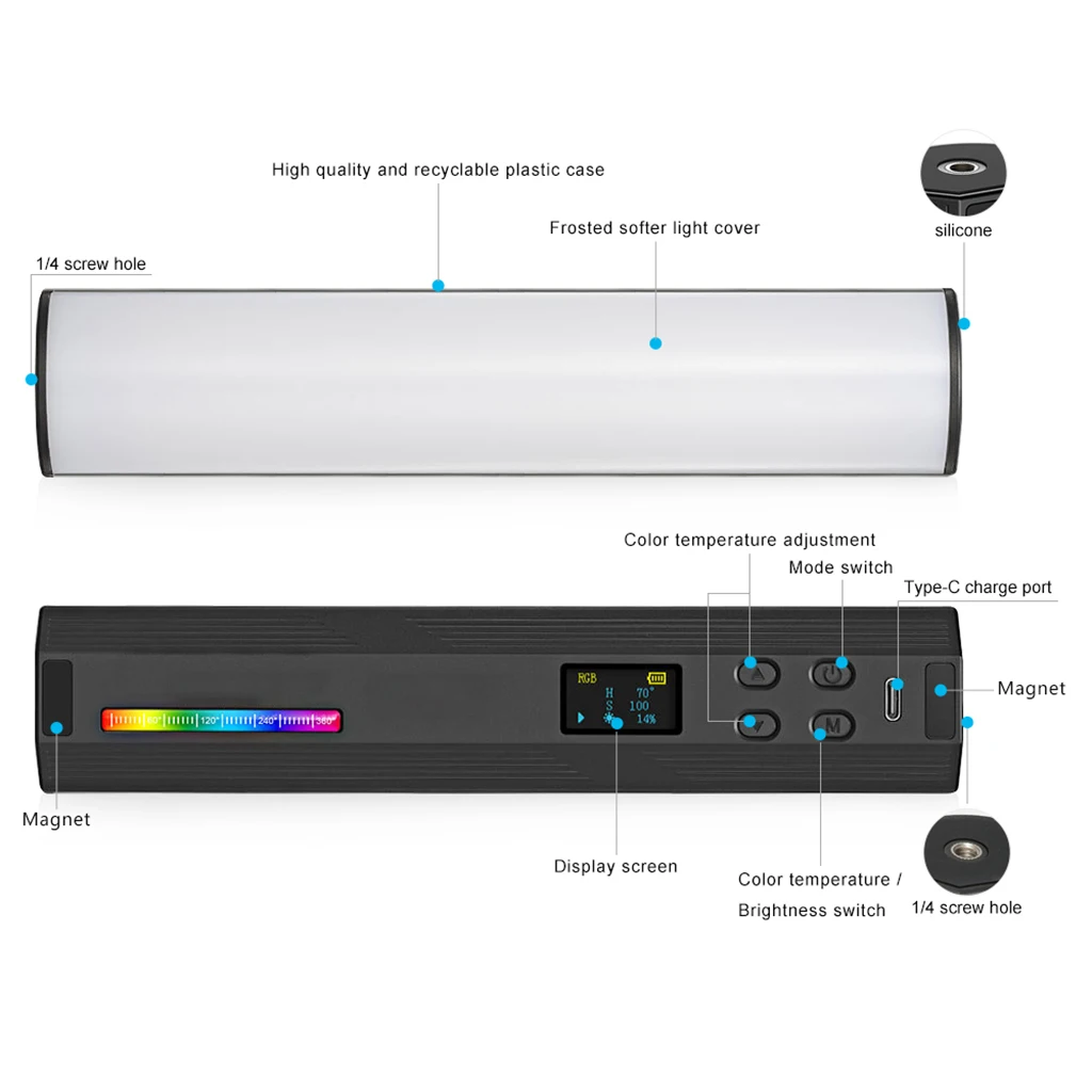 W200 LED RGB 소프트 라이트 튜브 라이트, 핸드헬드 사진 스틱, 크리에이티브 비디오 필, 핸드헬드 LED 라이트 스틱, 360 풀 컬러