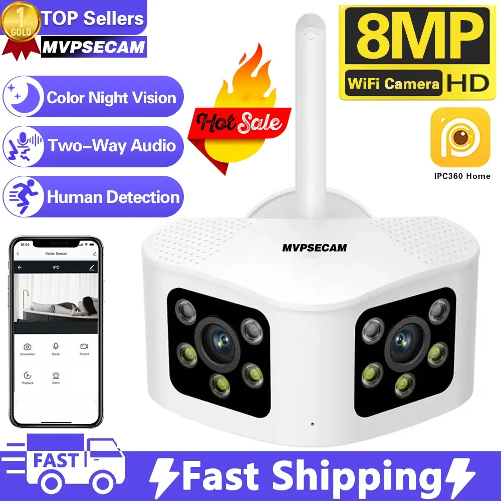

8MP 4K 180° Ultra Wide View Angle Panoramic WIFI Dual Lens 4MP IP Camera Outdoor Color Motion Detection Home Security Camera