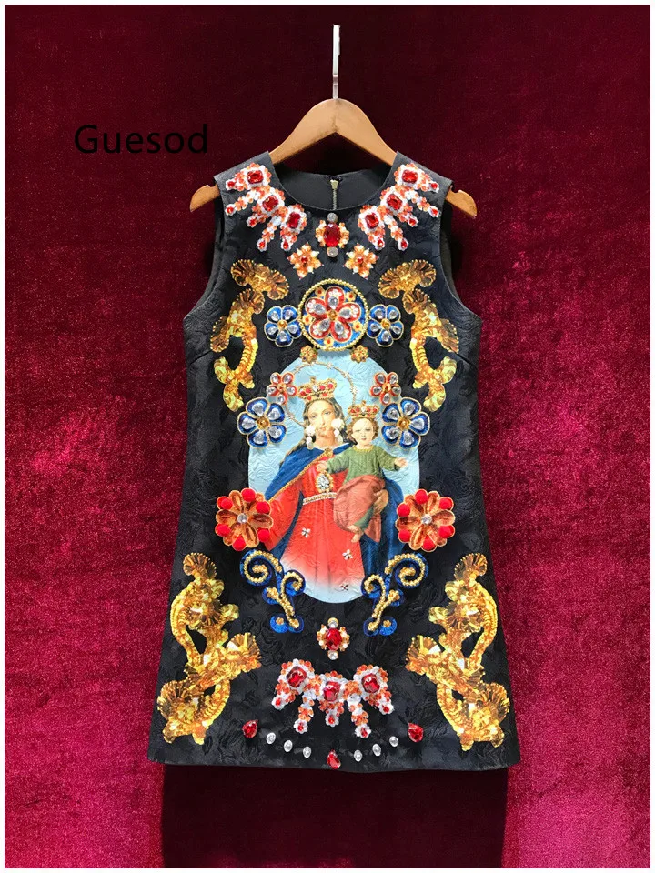 

Guesod Women Vintage Royal Print Slim Tank Dress Handmade Diamond Formal Top Quality Elegant Sleeveless Black Dress New Arrive