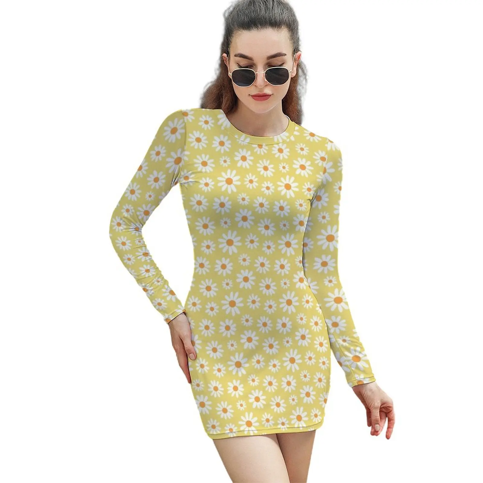 

Spring daisies floral retro pattern on yellow Long-Sleeved Sheath Dress dresses with long sleeves womens dress Female clothing