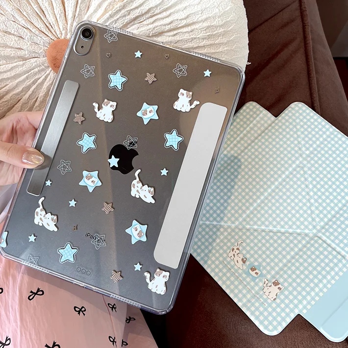 Blue Plaid Cat Magnetic Detachable Tablet Case with Acrylic Shell and PU Cover, Y-Fold Design