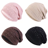 New Women Double-Layer Rhinestone Lace Elegant Beanie Hat Elastic Skull Cap Turban Casual Headwrap Scarf Hats Cancer Headcover