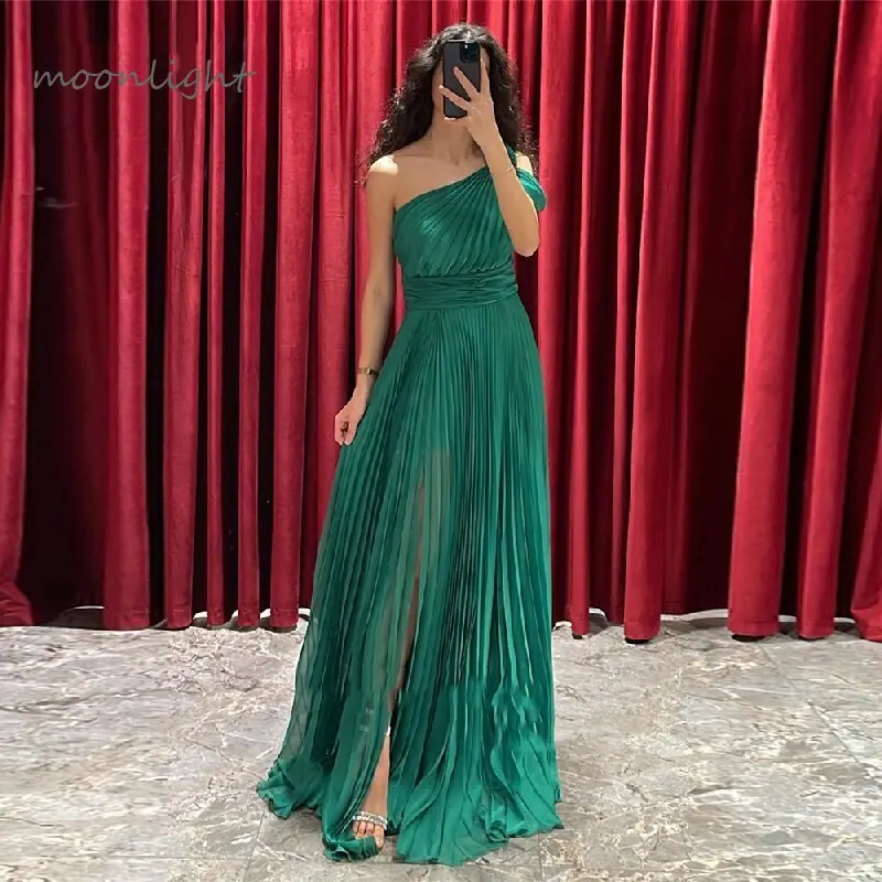 

Elegant Green One Shoulder Evening Dress High Side Slit Chiffon Modern Pleat Long Formal Party Prom Gowns Vestidos De Noche 2023