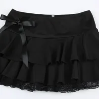 Goth Y2K Black Lace Trim Bow A Line Mini Skirt Women Korean Streetwear - Image 3