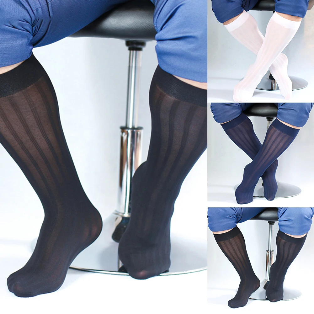 

1 Pair Men Sexy Striped Knee High Socks Wear Traceless Sheer Mesh Stockings Thin Socks Silky Breathable