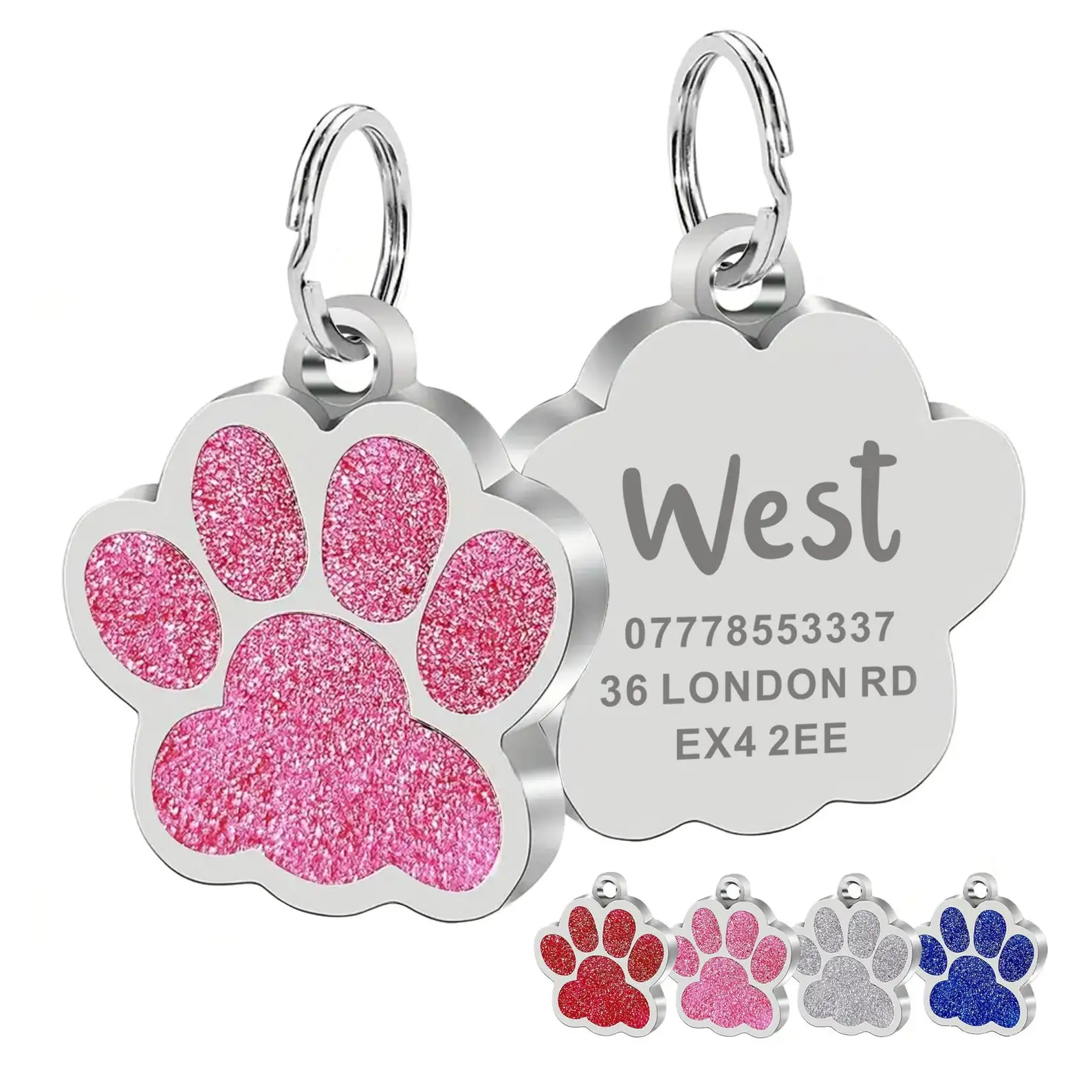 Pet ID Tag Personalized Engraved Name Tag for Dogs & Cats Glitter Paw Print Charm Waterproof Durable Free Engraving