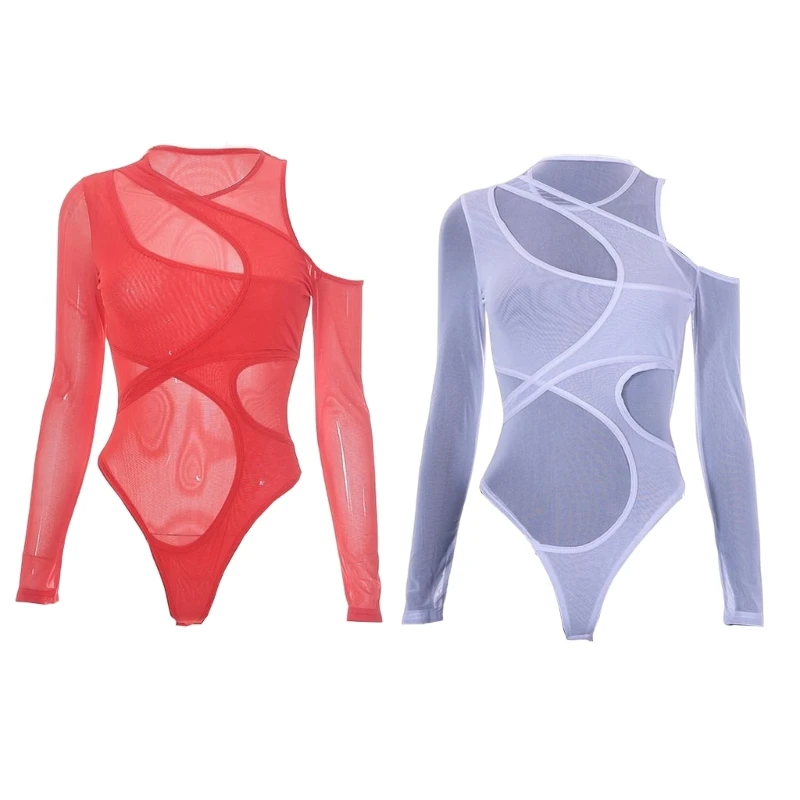 

Women Long Sleeve Cutout Shoulder Jumpsuits Asymmetrical Sheer Mesh Bodysuit Top 10CE