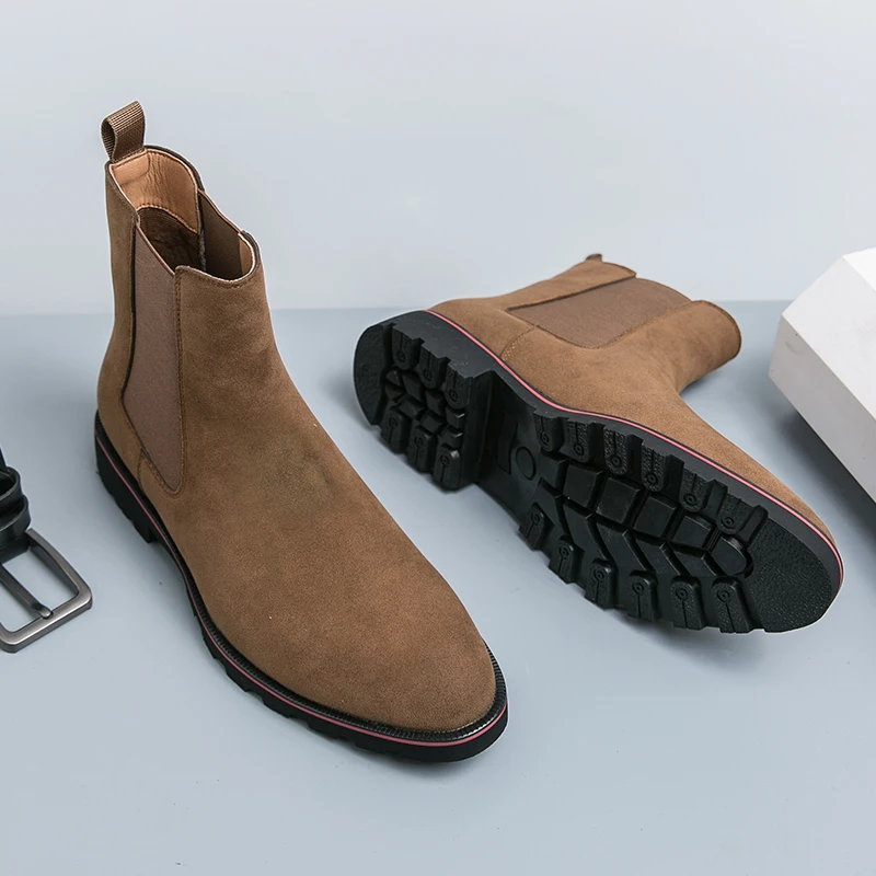 New Brown Men Chelsea Boots Flock Rivet Square Toe Red Sole