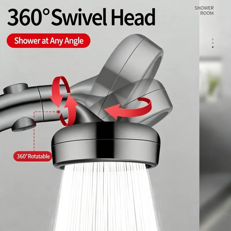 Enhanced Arc Showerhead with Dual Functionality and 360° Swivel, Featuring Top Spray and Handheld Options with One-Click Stop and Soft Water Flow