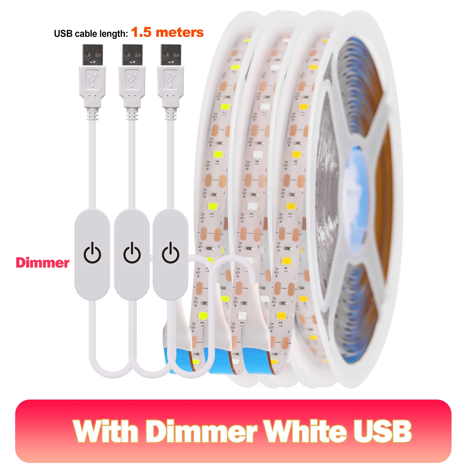 ตัวเลือกสินค้า LED Strip Light 60LEDs 1/3/5M สีขาวอุ่น-ฟ้า ปรับสว่างได้ กันน้ำ