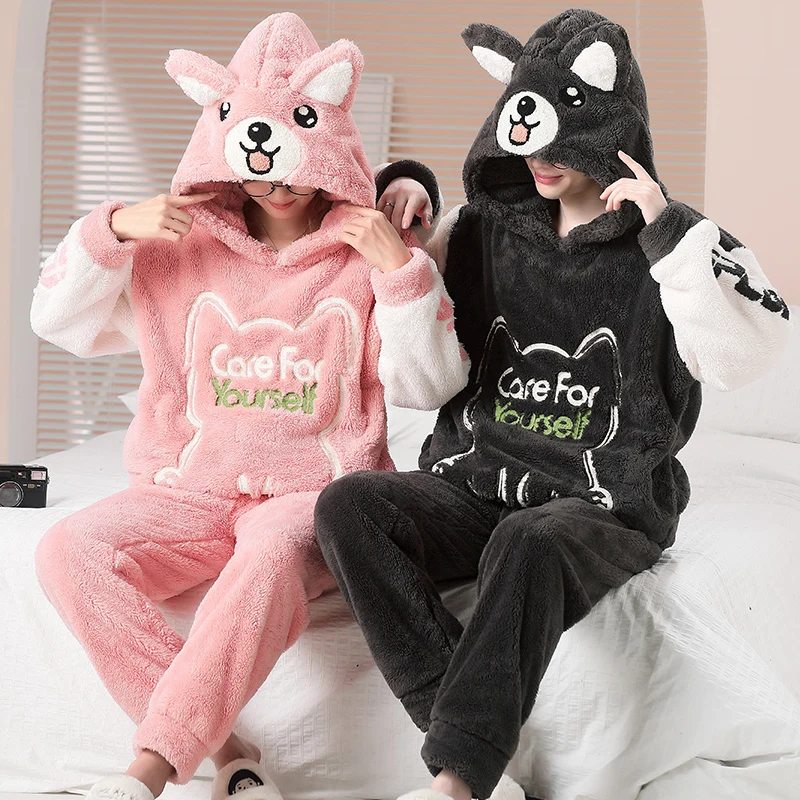 

Couples Women Pajamas Set Men Thicken Pyjamas Winter Warm Anime Bear Kawaii Sleepwear Korean Nightgown Homewear Pijamas Suit