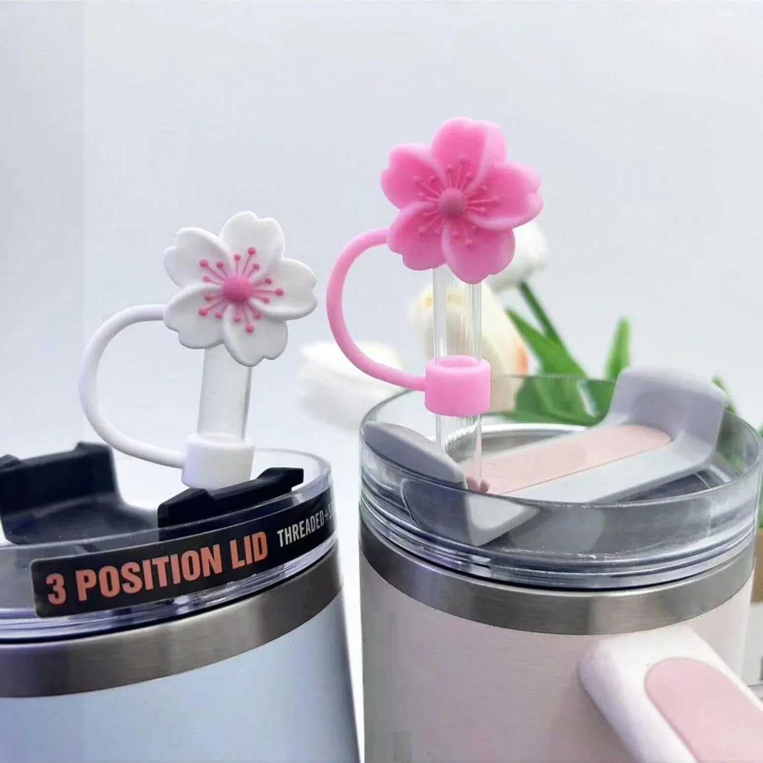 Straw Covers Begonia Flower for Stanley Cup 10mm Silicone Reusable Dust-Proof Topper for Party