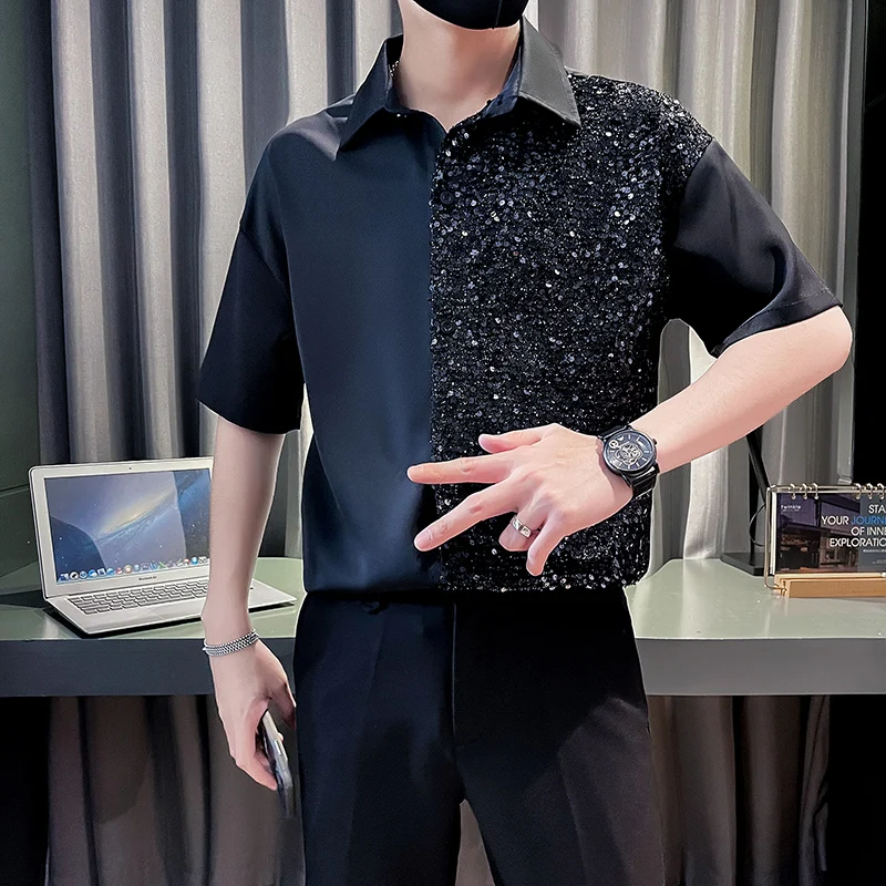 

Korean Patchwork Sequin Short Sleeved Shirt Men 2024 Summer Casual Social Nightclub Shirt High-quality Lapel Men Clothing