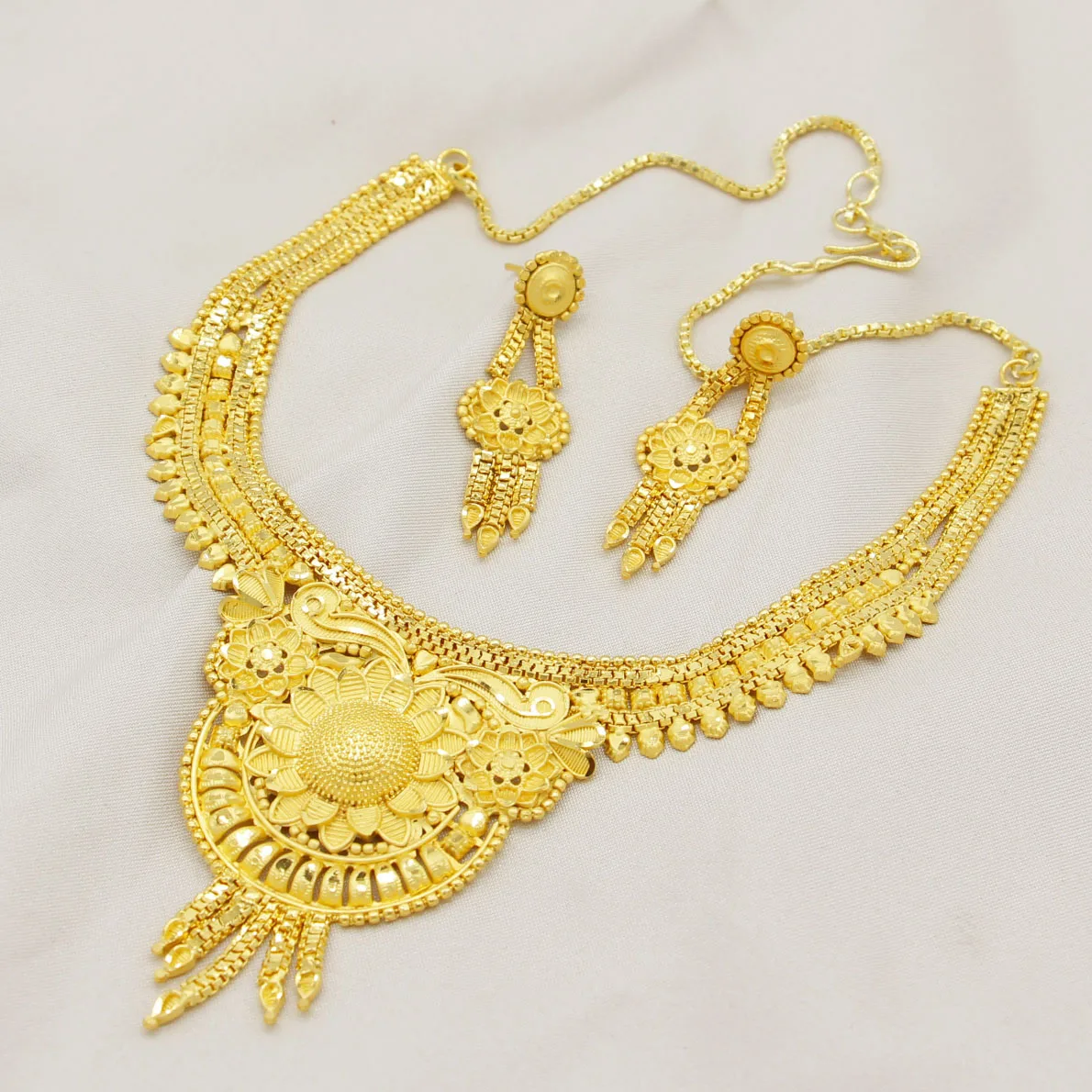 Adixyn 24k Gold Color/Copper Necklace Earring Dubai Jewelry Set for Women Indian Wedding Jewelry Sets Nigerian Bridal Party Gift