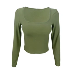 Long Sleeve Slim Fit Square - Cut Collar Women's Tee - Street Style Fall Collection - M (Light grayish green)