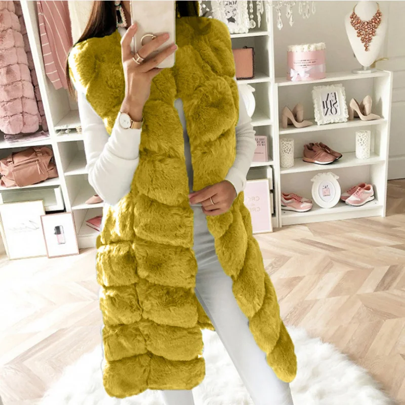 Long Warm Faux Fur Coat Women Vest Sleeveless Outerwear Jacket S-4XL Fluffy Artificial Fur Coat Vintage Sleeveless Tops