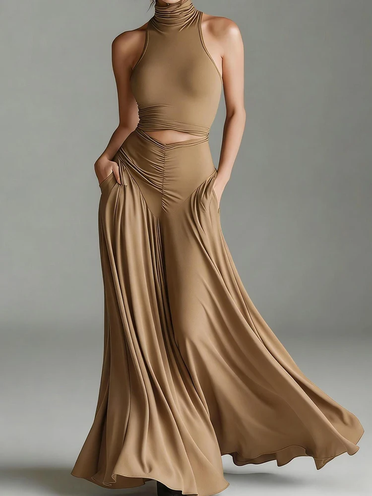 Women's Turtleneck Sleeveless Pullover Short Top with Maxi Skirts Two-Piece Set Casual Elegant Holiday Simple Outfit Streetwear