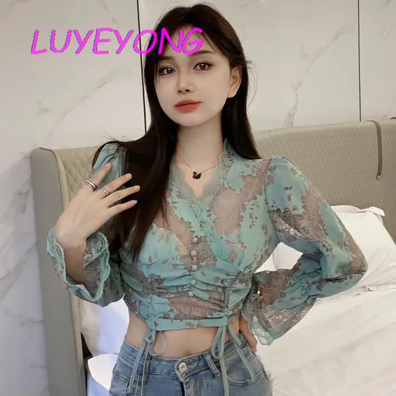 

Sexy See Through Green Lace Blusa Women V Neck Short Length Long Sleeve Thin Blouses Shirring Basic Crop Tops 2023 Spring