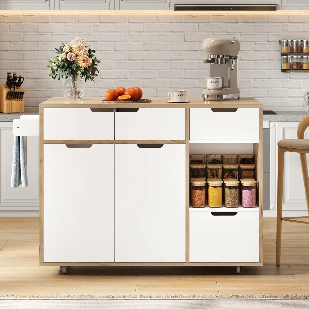 Kitchen Island with Cabinet Doors and Open Compartments Service Trolley with 360° Wheels and Drawers for Easy Mobility