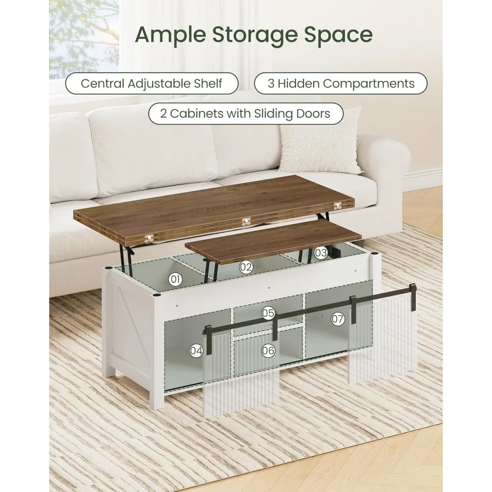 39.4" Lift Top Coffee Table, 4 in 1 Coffee Table, Farmhouse Convertible Coffee Tables, with Hidden Compartments, with Sliding Do 5