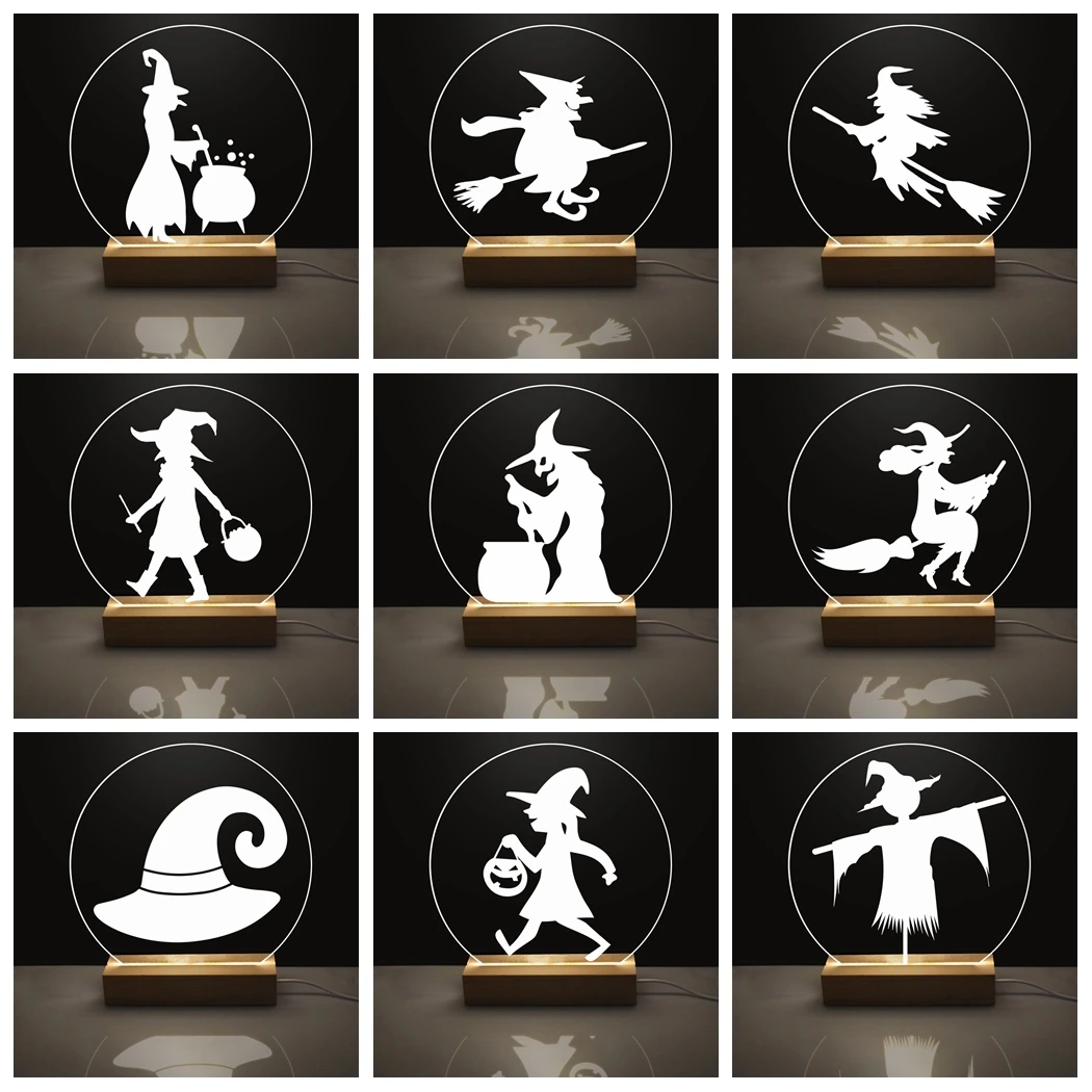 

Halloween Witch Printed Acrylic Board with Wooden Table Lamp Board USB LED Night Light Halloween Party Decoration