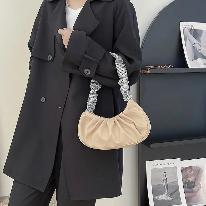 

Cloud Drape Bag Female Fashion All-match Flash Diamond Portable Cross-body Bag Hand Carry Light Bag Handbag Shoulder Bag