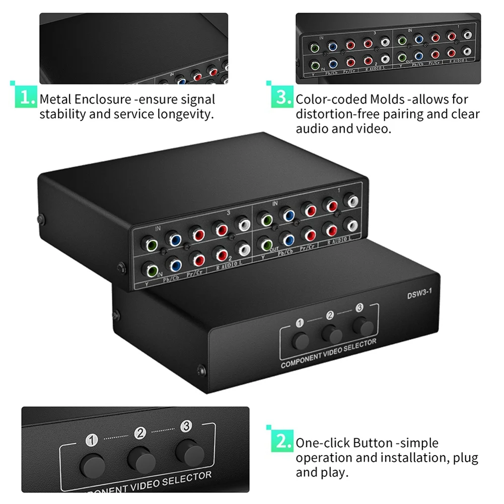 3-Way RGB Component AV Switch Video Audio Selector 3 in 1 Output Ypbpr Component RGB Switcher Box for TV 360 Wii DVD-Elect