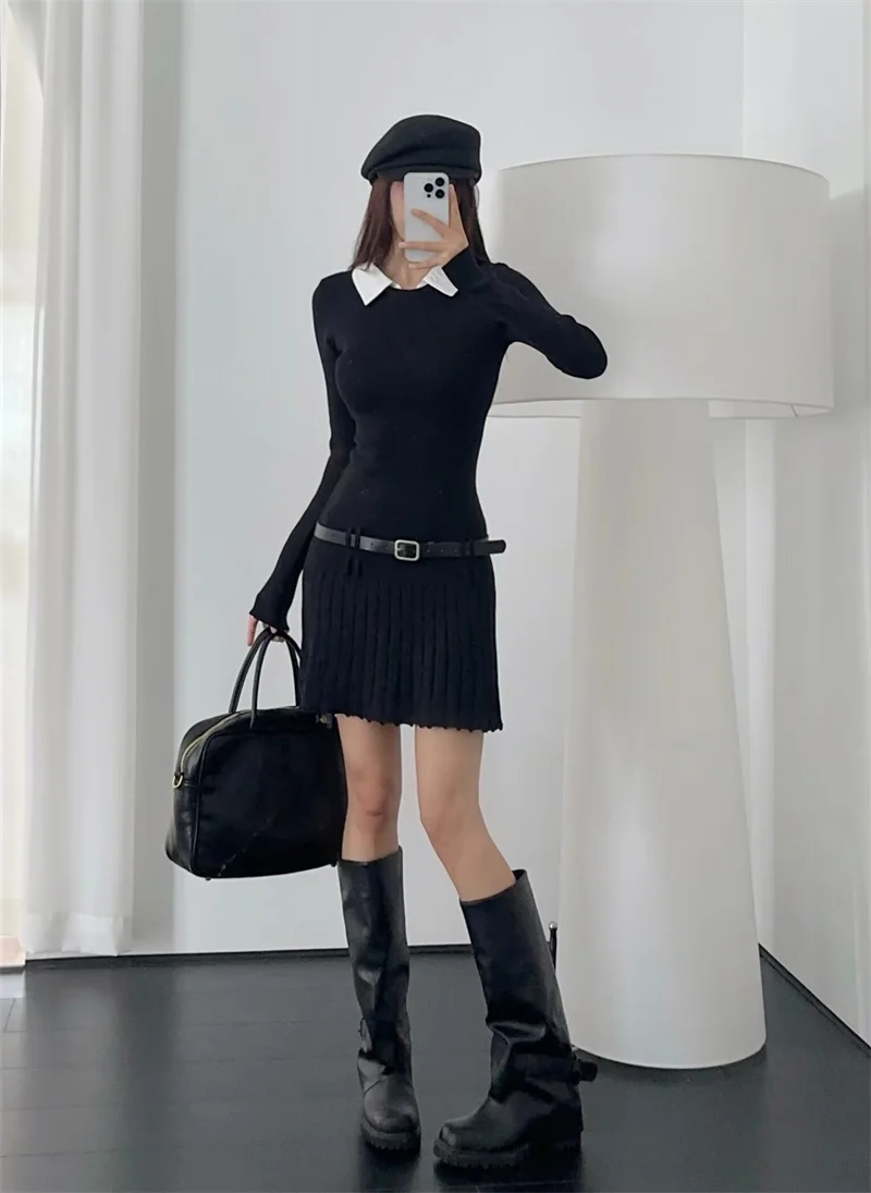Korean Fashion Knitted Short Dresses for Women Autumn New Patchwork Long Sleeve Pleated A-line Y2K Sexy Party Dress with Belt