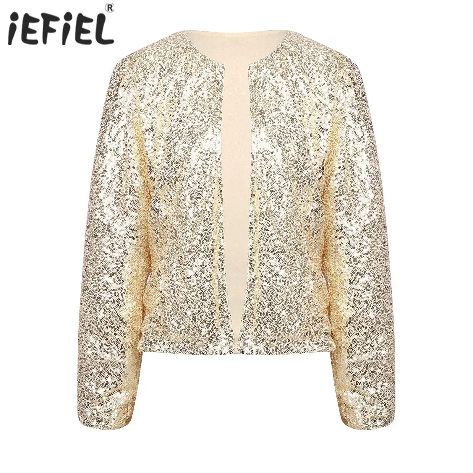 

Womens Fashion Sparkling Sequin Jacket Open Front Coat Long Sleeve Outwear Cocktail Party Clubwear