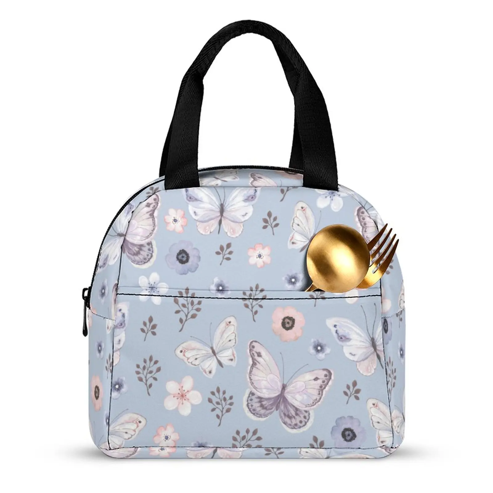 Custom Pattern Tote Lunch Bags for Women Butterfly Blue Print Portable Meal Bag Picnic Travel Breakfast Box Office Work School