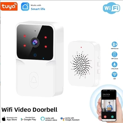 Tuya WiFi Doorbell, Wireless Camera Bell for Home Security, Compatible with Alexa & Google, DC/AC/Battery Powered