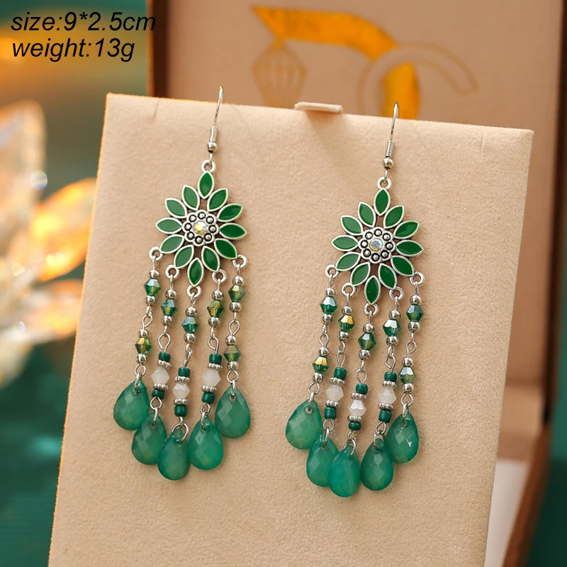 البوهيمي الأخضر المينا ليف قطرة الماء أقراط للنساء العرقية طويلة هندسية الطازجة القرط الإناث عطلة اليومية مجوهرات هدية